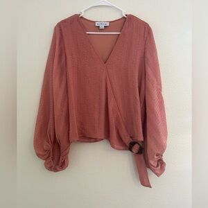 The line of style large faux wrap long sleeve boho dusty rose top